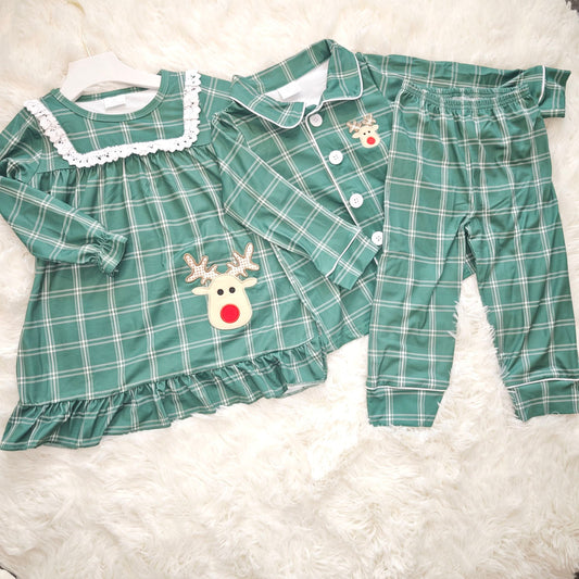 10.23 RTS Embroidery Girls Green Checked Christmas Pajamas Ruffle Dresses