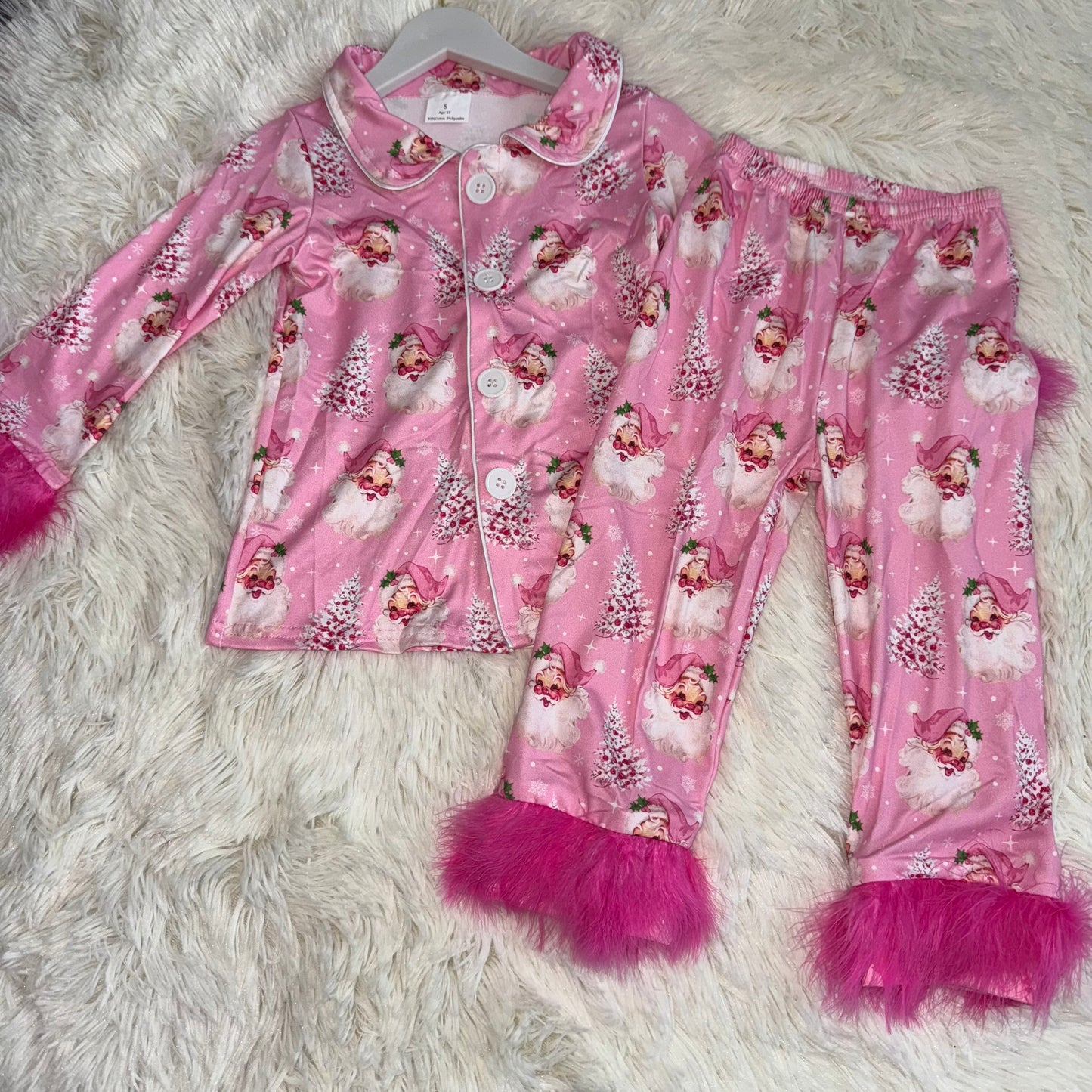 11.24 RST GLP2424 Baby Girls Pink Fur Sleeve Santa Trees Button Top Pant Christmas Pajamas Set