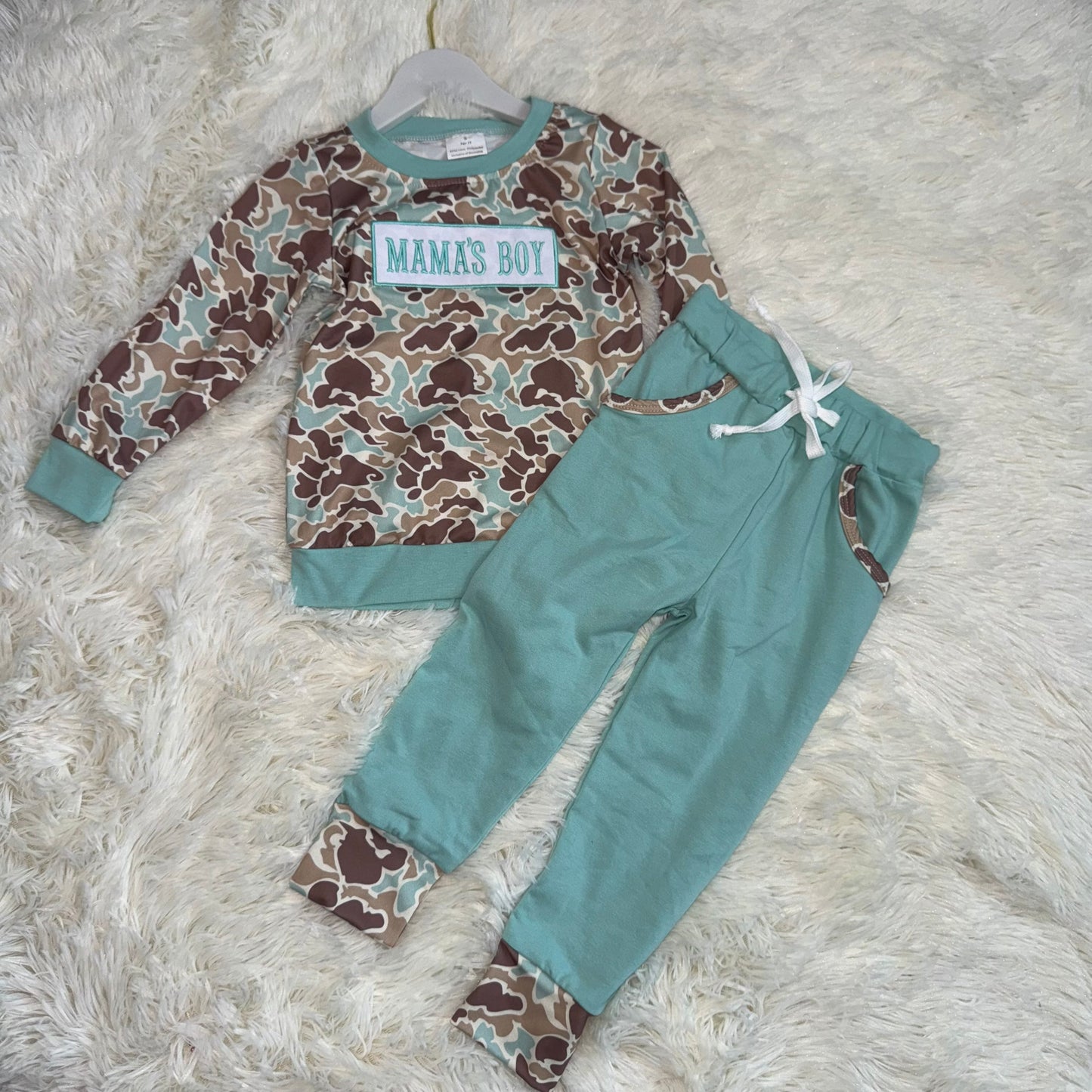 11.21 RST BLP1336 Embroidery Mama's Boy Green Camo Top Pockets Jogger Pants Clothes Sets