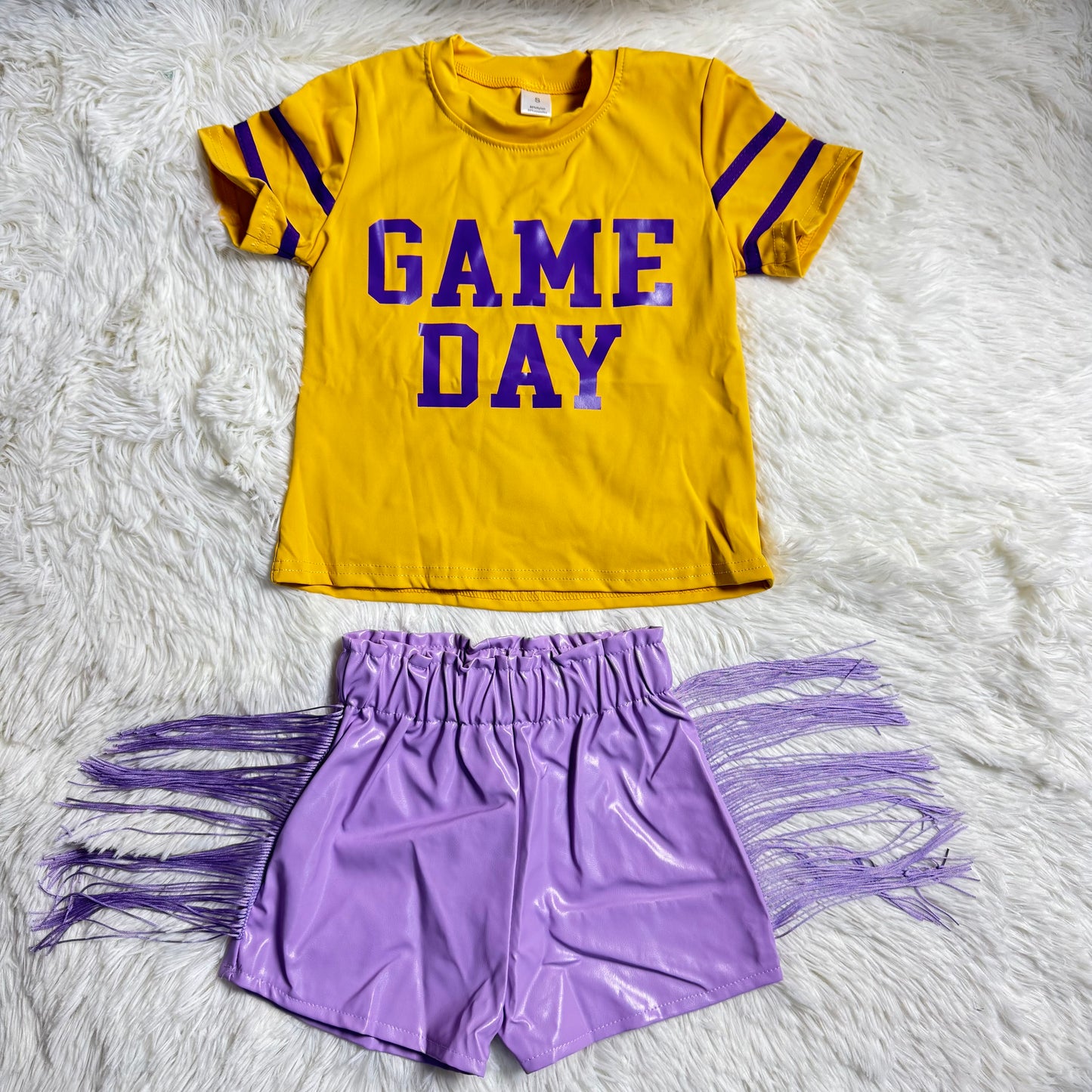1.6 RST GT1100 + SS0251 Baby Girls Purple Game Day Yoga Active Team Tee Shirts Tops Tassel Pleather Shorts