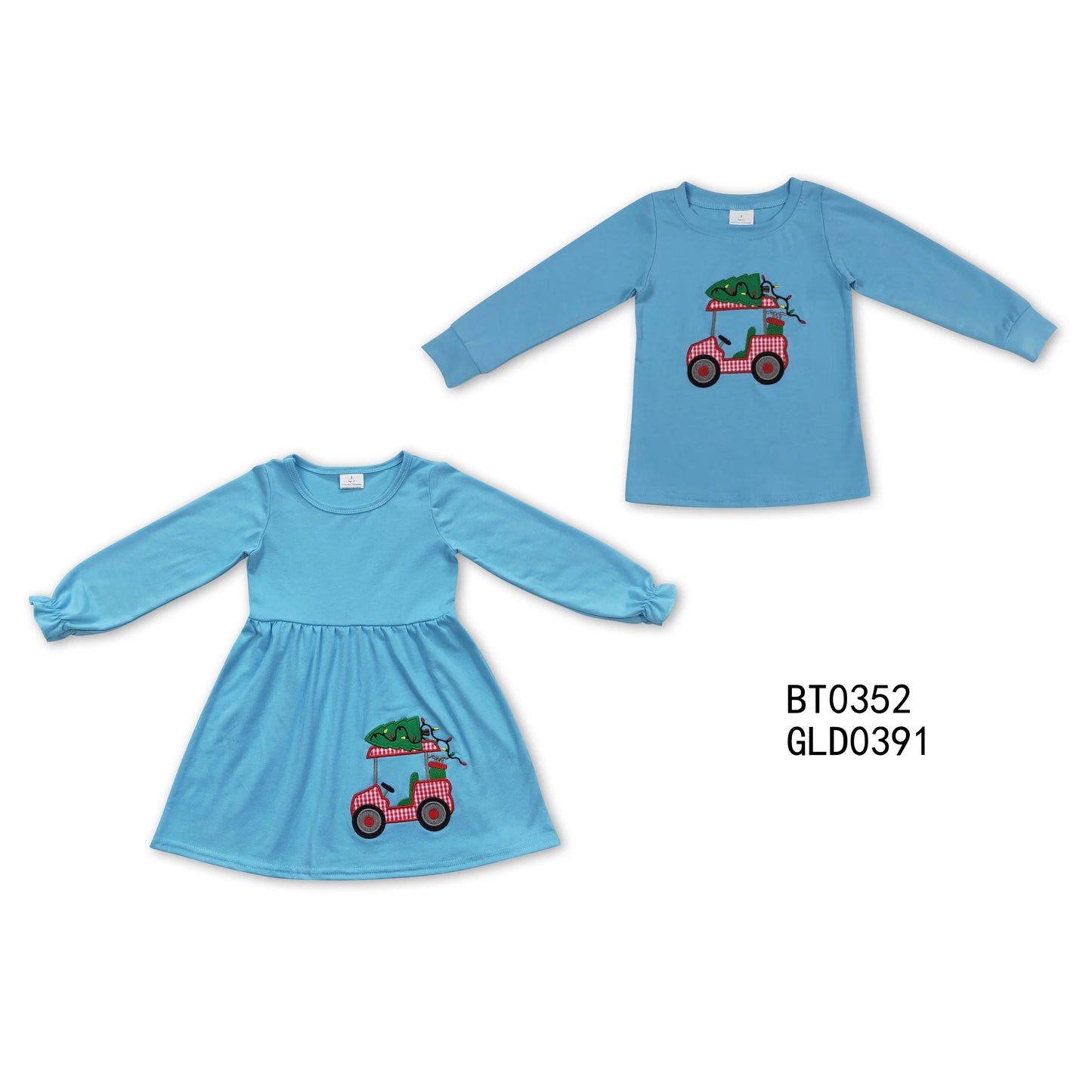 BT0352 GLD0391 Baby Boys Christmas Tractor Blue Long Sleeve Shirts and Baby girls long sleeve dress