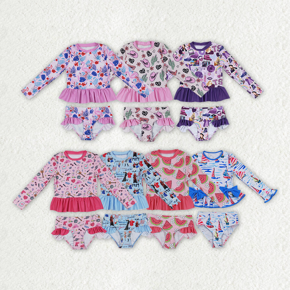 Baby Girls Blue Sailboat Long Sleeve One-Piece Swimsuit for Infants