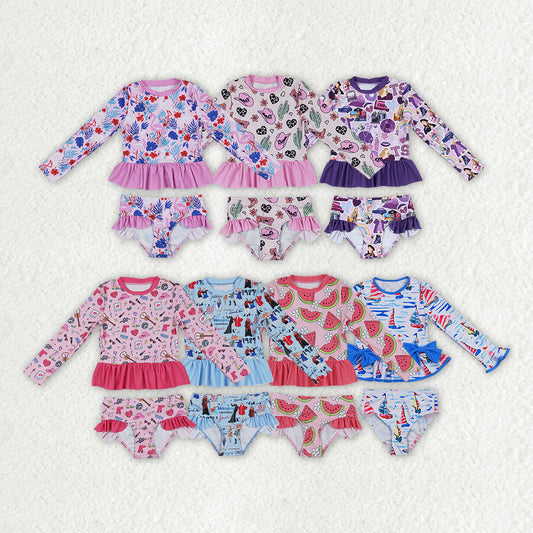 Baby Girls Blue Sailboat Long Sleeve One-Piece Swimsuit for Infants