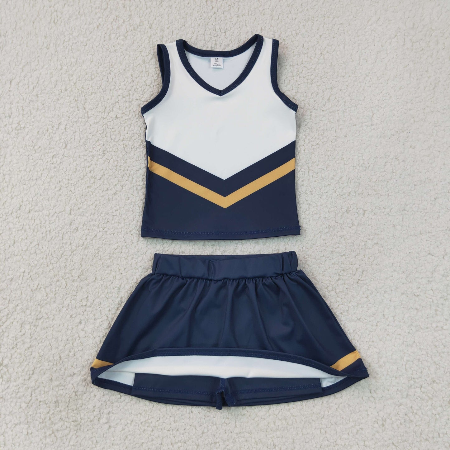 GSD4189 RTS NO MOQ (In stock)Sleeveless gold navy top skirt girls team cheer active set