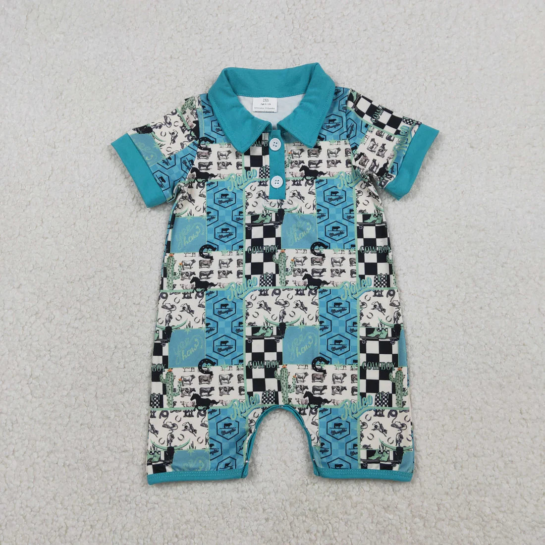 1.17 RTS Sibling Baby Boys Horse Rodeos Aztec Checked Western Button Polo Shirts Top Rompers