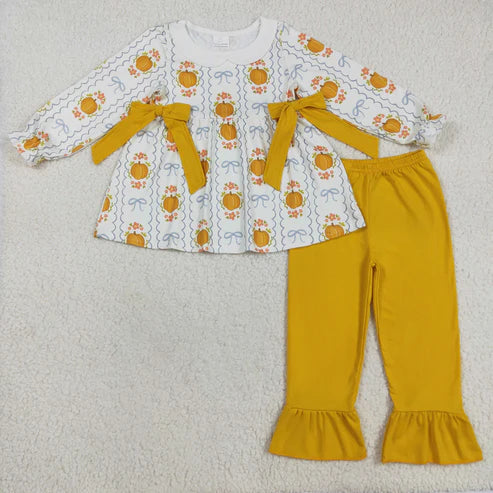 9.23 RTS Sibling Baby Girls Pumpkins Bows Stripes Fall Ruffle Clothes Sets Rompers