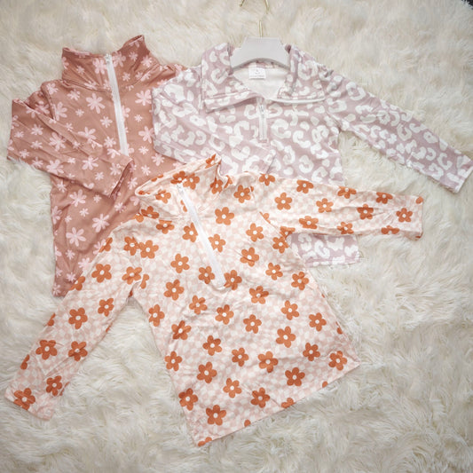 10.23 RST Sibling Baby Girls Boutique Flowers Checked Long Sleeves Half Zipper Pullovers Tops