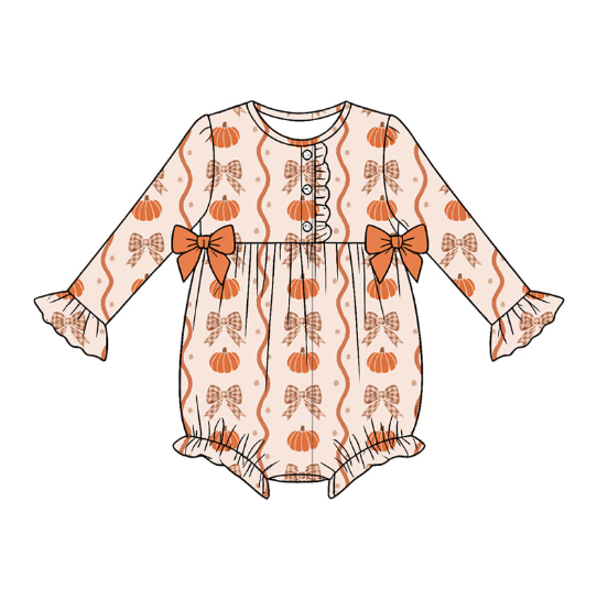 Pre order No Moq milk silk Baby Girls Pumpkins Bows Stripe Fall Button Top Ruffle Pants Set Dresses Romper