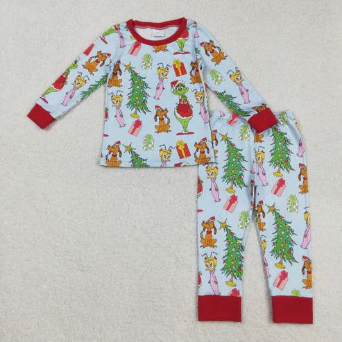 9.23 RTS Sibling Baby Boys Green Face Miss Christmas Pajamas Set Zipper Footed Romper