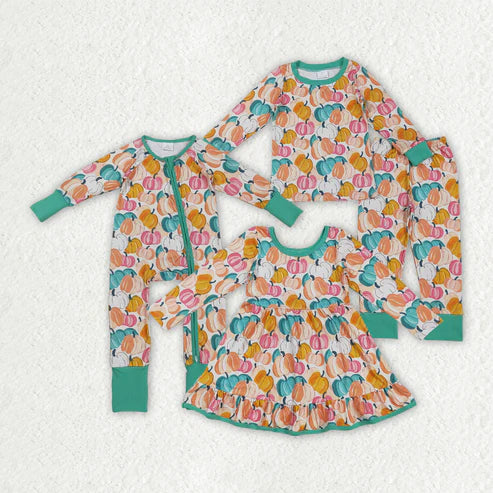 9.20 RTS Sibling Baby Girls Green Orange Pumpkins Fall Pajamas Sets Rompers Knee Length Dresses