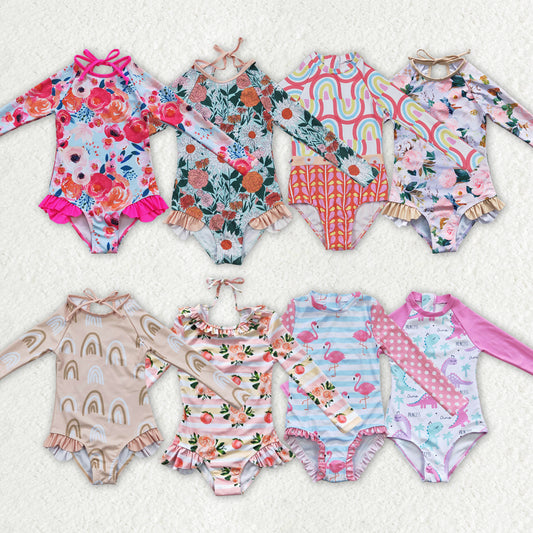 Baby Girls Dino Princess Swimsuit Long Sleeves One-Piece Lining UV Protection Swimwear for Kids