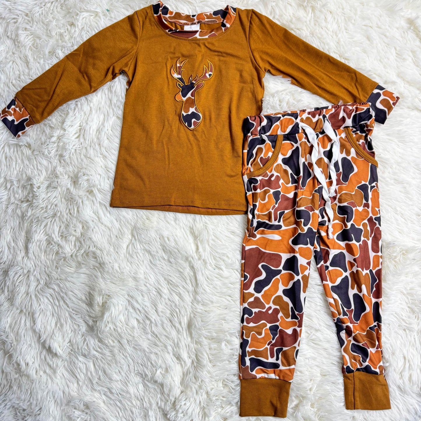 12.12 RST Sibling Baby Boys Embroidery Brown Camo Deer Pockets Pant Short Hunting Clothes Sets
