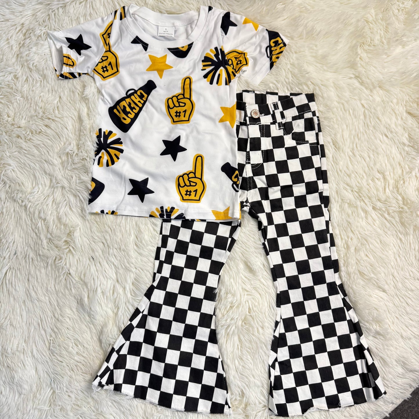 1.10 RST GT0939 + P0349 Baby Girls Cheer Golden Team Pullovers Tee Shirts Tops Bell Flare Denim Pants Jeans