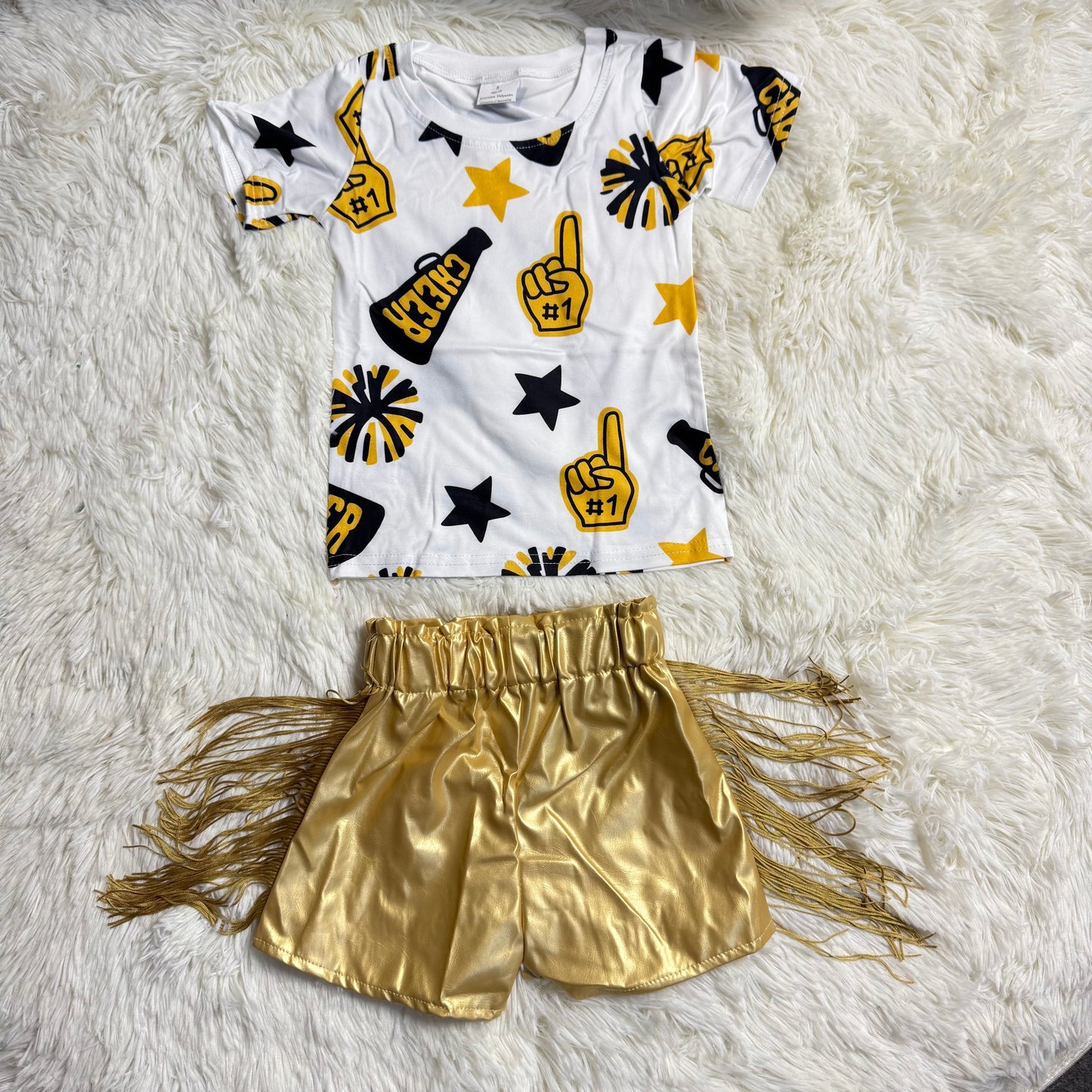 1.7 RST GT1100 + SS0242 Baby Girls Cheer Golden Team Pullovers Tee Shirts Tops Tassel Pleather Shorts