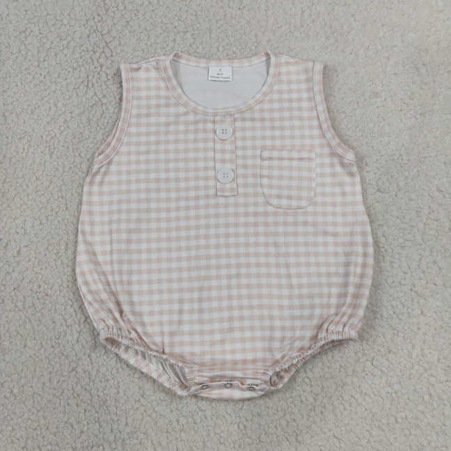 SR4233 RTS NO MOQ (In stock)Baby Kids Sleeveless Light Pink Checked Button Pocket Rompers