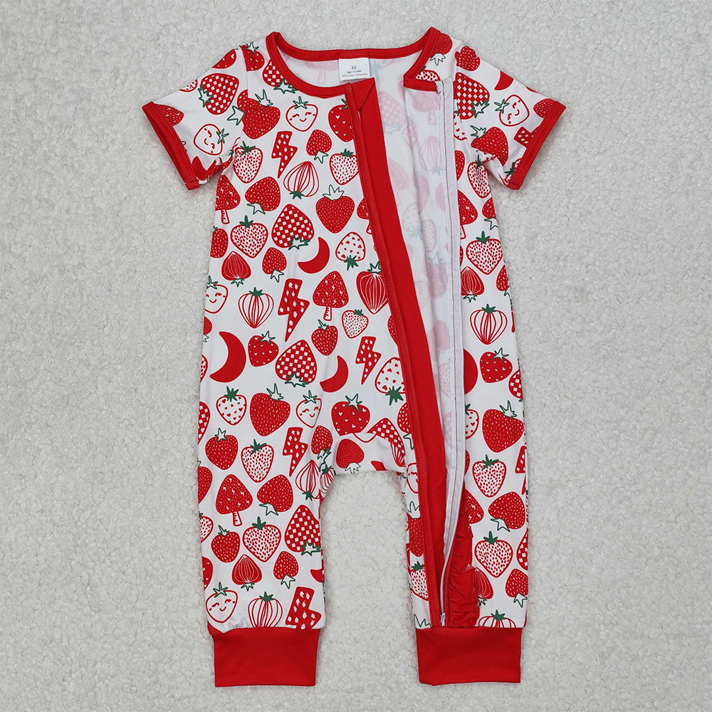 SR2500Strawberry Baby Girls Zipper Romper Short Sleeves Cute Infant Outfit Pink Onesie for Newborns And Toddlers