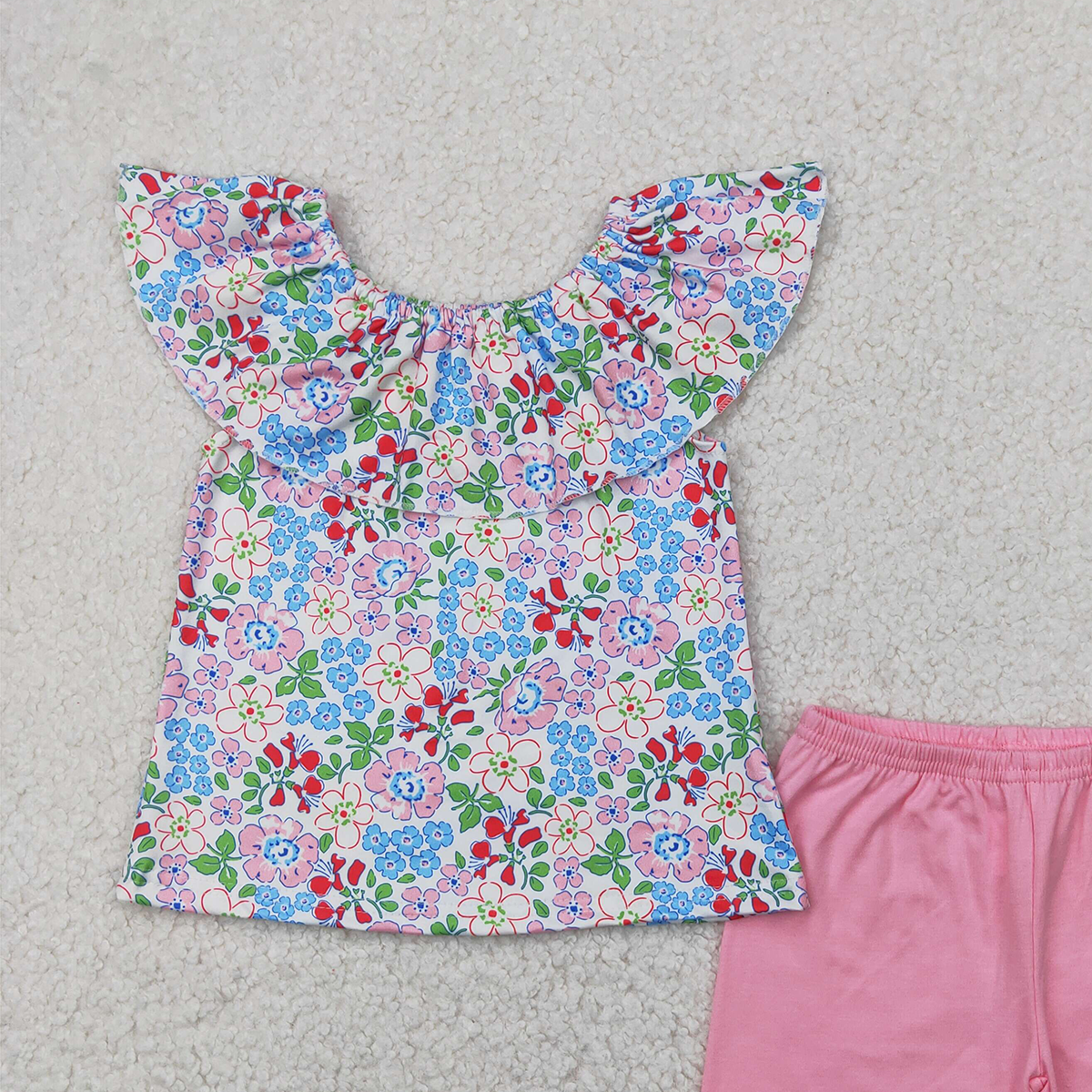 4.11 GSSO2277RTS NO MOQ Baby Girls Summer Outfits Floral ruffle top pink cotton shorts girls summer outfits