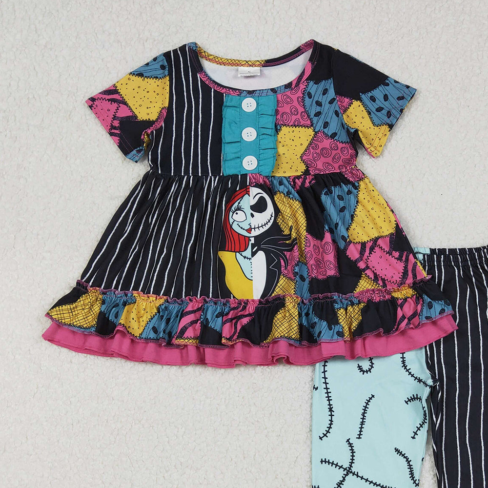 RTS NO MOQ (In stock)GSPO2056 Baby Girl Autumn Outfits Cartoon Ghost Tunic Stripes Leggings Halloween Sets