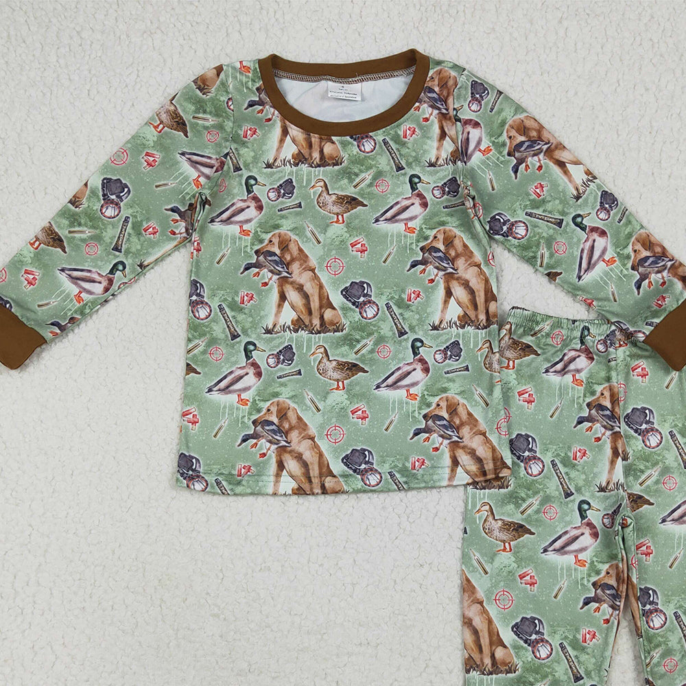 RTS NO MOQ (In stock) BLP1070Baby Boys Winter Outfits Baby Boys Green Long Sleeves Dogs Ducks Hunting Top Pant Pajamas Sets