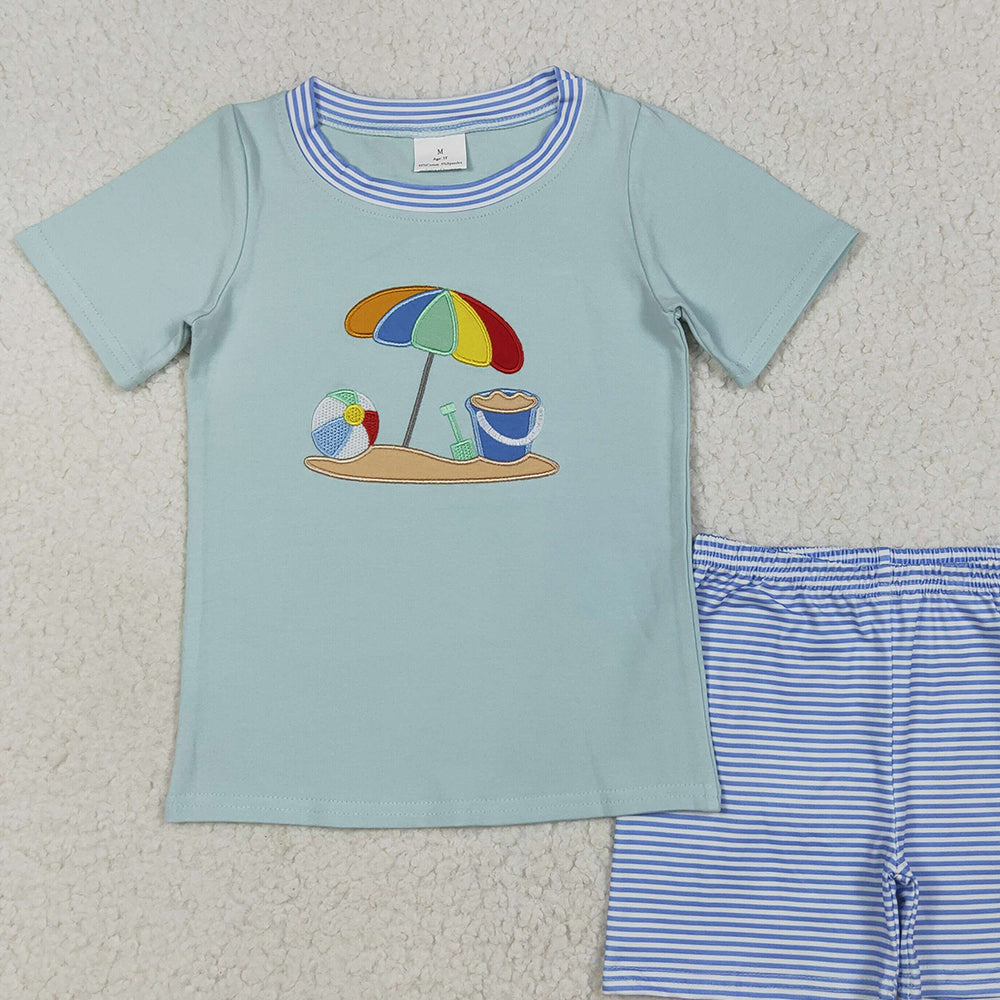 8.18 BSSO1485 RTS NO MOQ Baby Boys Summer Boys Outfits Embroidery Baby Boys Short Sleeves Beach Top Blue Stripe Short Set