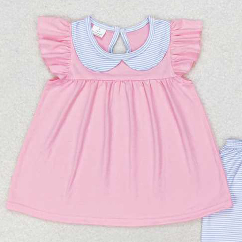 GSSO1064 New Rts No Moq 8-9 Days By Air Arrived it Pink flutter sleeves tunic stripe shorts girls summer outfits