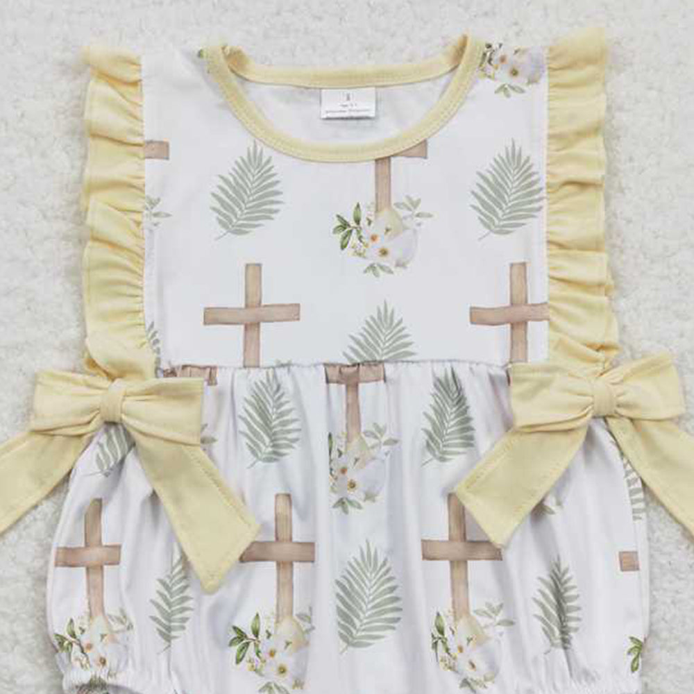 4.18 SR0619 RTS NO MOQ Sleeveless cross he is risen baby girls easter romper