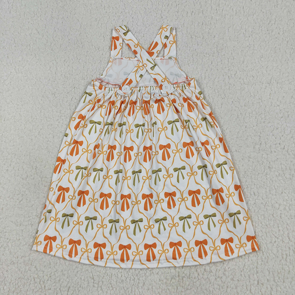 RTS NO MOQ (In stock)GSD2676 Baby Girls Summer Dress Baby Girls Straps Orange Bows Plaid Stripe Pockets Knee Length Dresses
