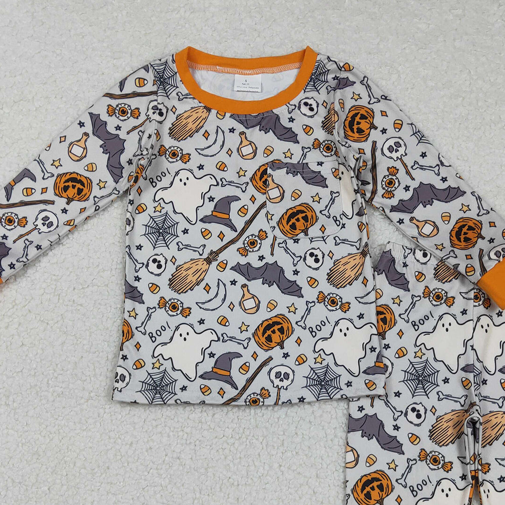 RTS NO MOQ (In stock)BLP1147 Baby Boys Winter Outfits Baby Boys Ghost Pumpkins Bats Top Pant Halloween Pajamas Set