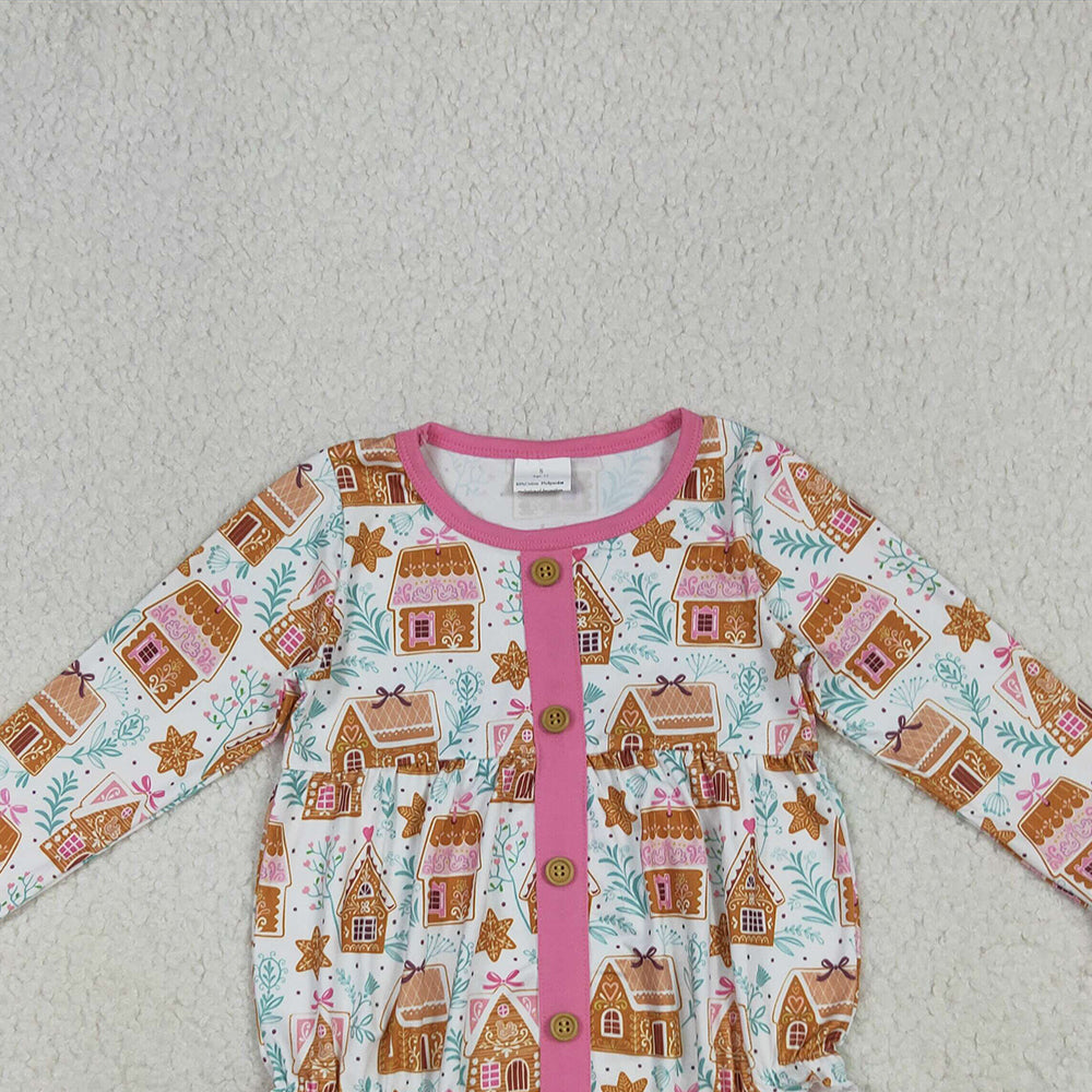 RTS NO MOQ (In stock)LR2282 Baby Girls Winter Rompers Baby Girls Christmas Pink Houses Snowflake Button Ruffle Rompers
