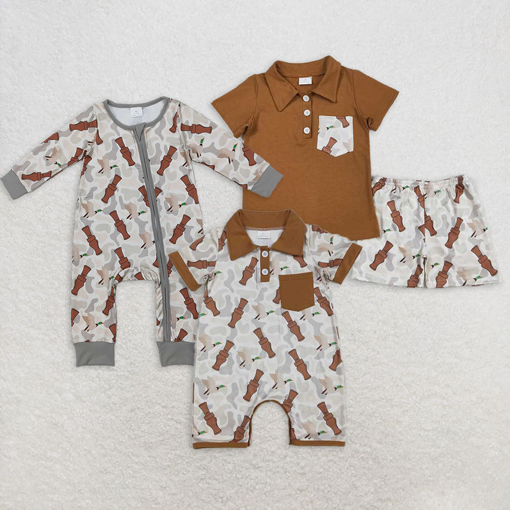 6.09 RTS NO MOQ Short sleeves polo shirt camo duck call shorts boys clothes rompers