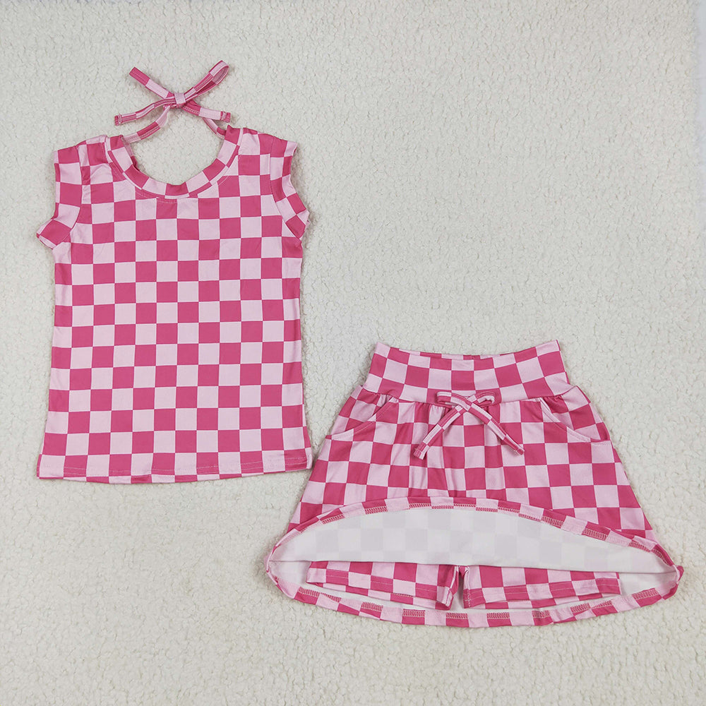 8.13 GSD2584 RTS NO MOQ Baby Girls Summer Outfits Baby Girls Sleeveless Pink Plaid Top Pockets Short Skirts Set