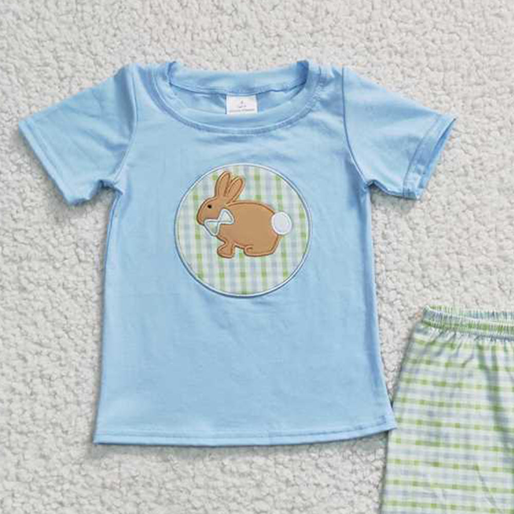BSSO0130 RTS NO MOQ Rabbit embroidery cotton shirt plaid shorts boy easter outfits
