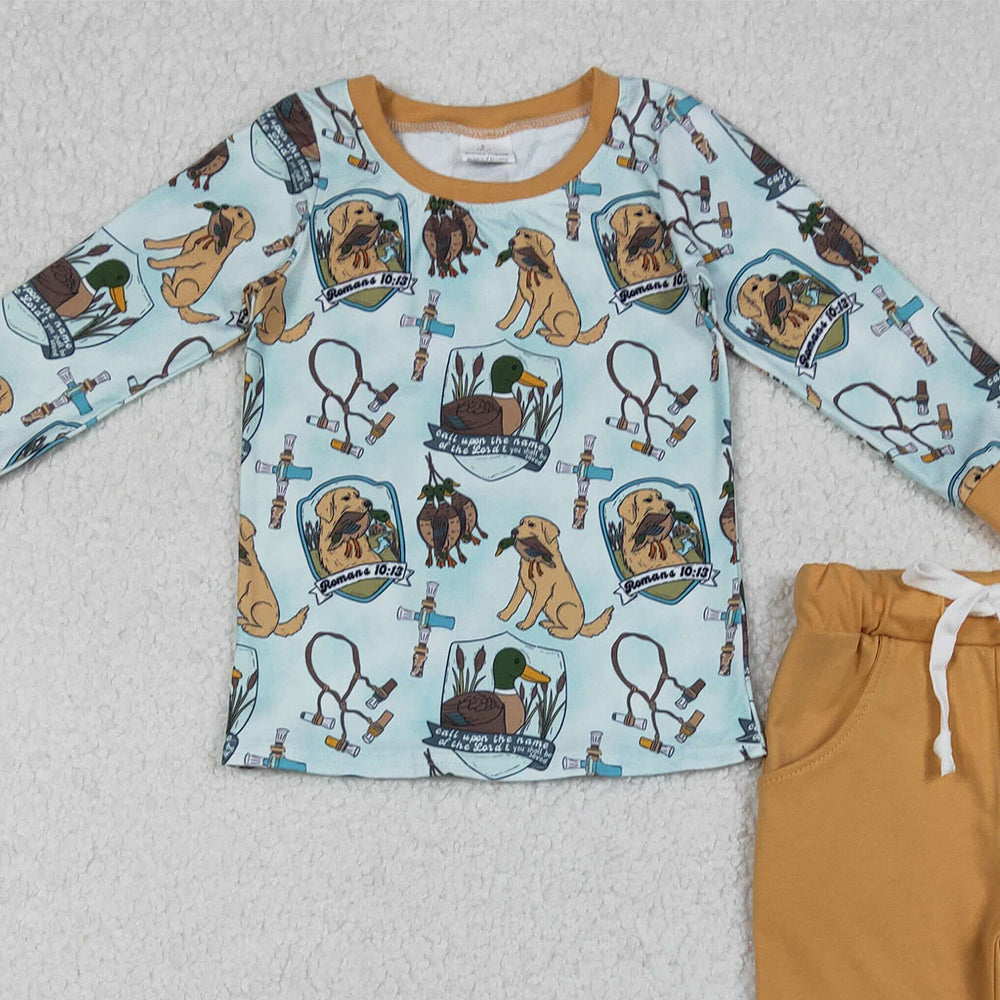 RTS NO MOQ (In stock)BLP1177 Baby Boys Winter Outfits Ducks Dogs Hunting Top Pants Southern Pajamas Sets