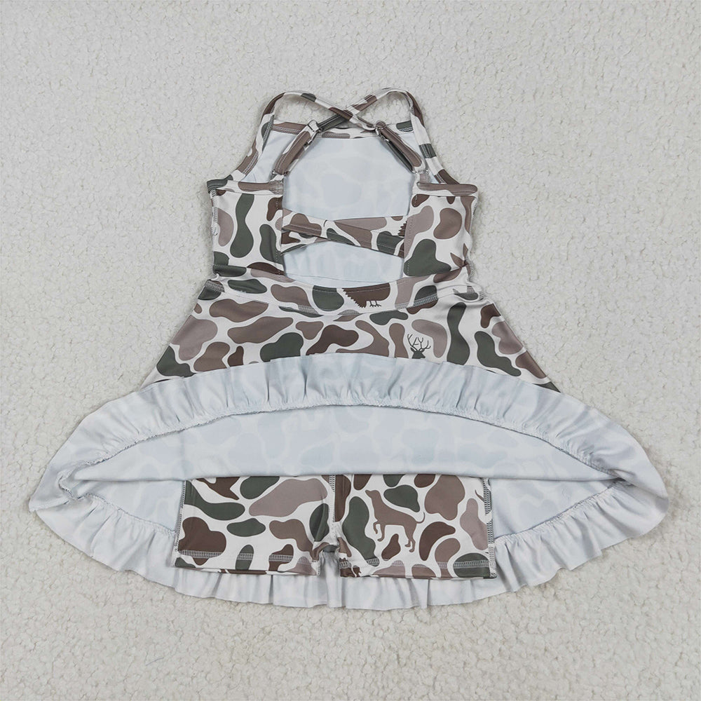 USA Shop (in stock) GSD2311 Baby Girls Summer Yoga Dress Baby Girls Strap Green Deer Dogs Ducks Camo Yoga Ruffle Knee Length Dresses