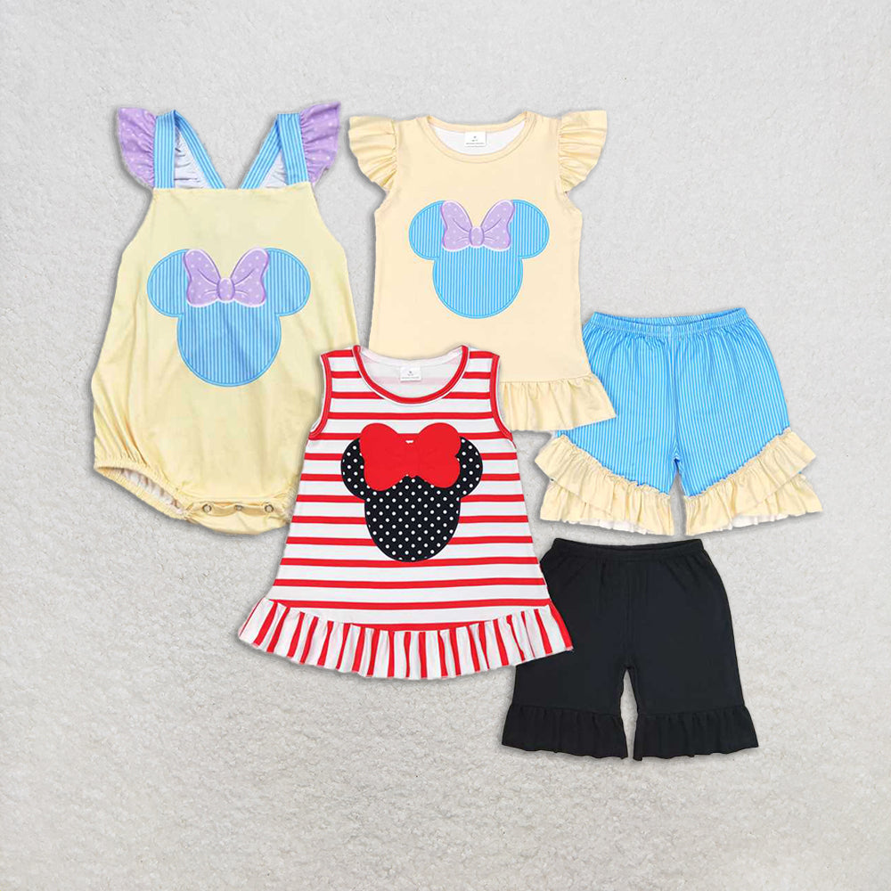 4.24 RTS NO MOQ Girls Sleeveless Red Stripe Mouse Print Top with Ruffle Shorts - Cute Animal Themed Summer Outfit for Kids