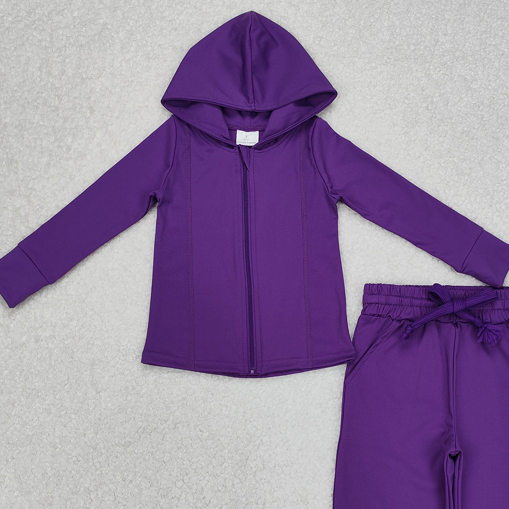 GT0807+P0670 New Rts No Moq 8-9 Days By Air Arrived it Girls Purple Hooded Zipper Long Sleeve Yoga Top with Matching Pants Set Comfortable Sportswear for Kids