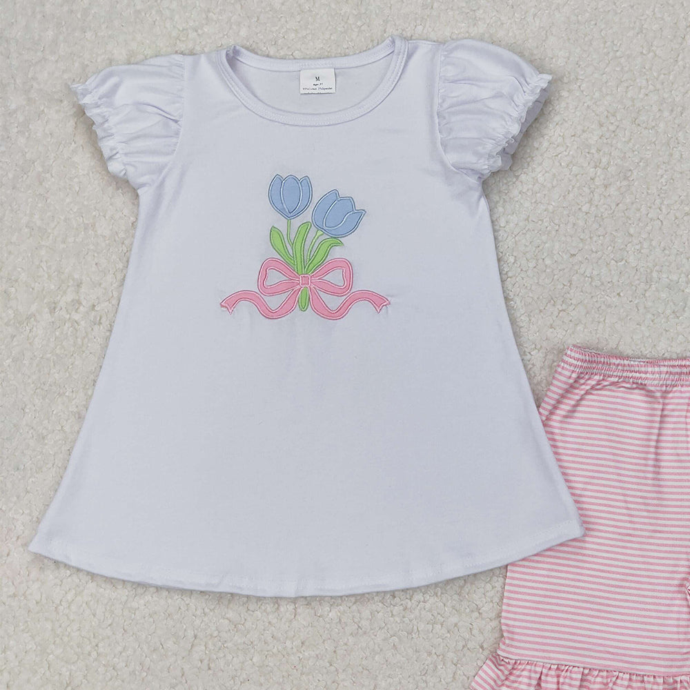 4.08 GSSO2275 RTS NO MOQ White short sleeves tulip top pink stripe shorts girls clothes