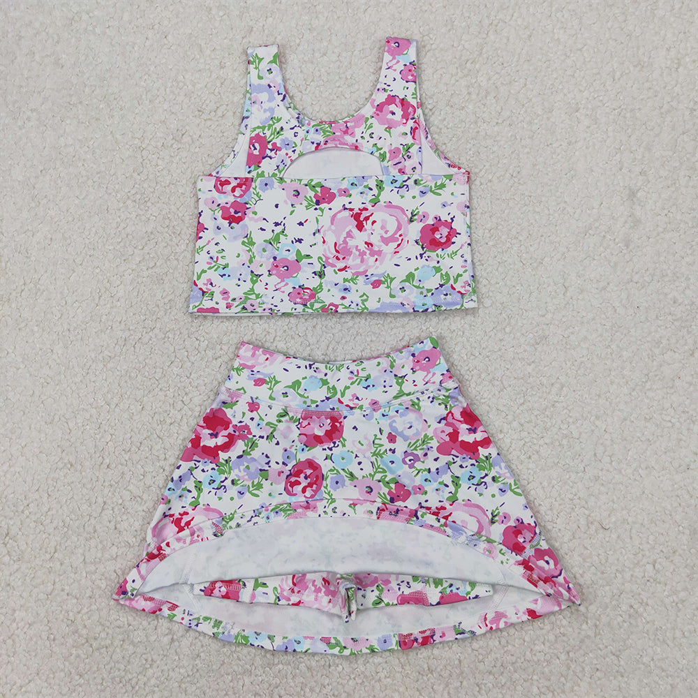 GSD1989 RTS NO MOQ Baby Girls Summer Yoga Outfits Sleeveless floral top skirt girls activewear clothing set