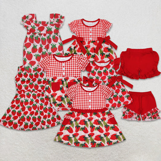 RTS NO MOQ Girls Red Plaid Short Sleeve Tunic Short Set Cute Strawberry Design Children's Clothing Outfit