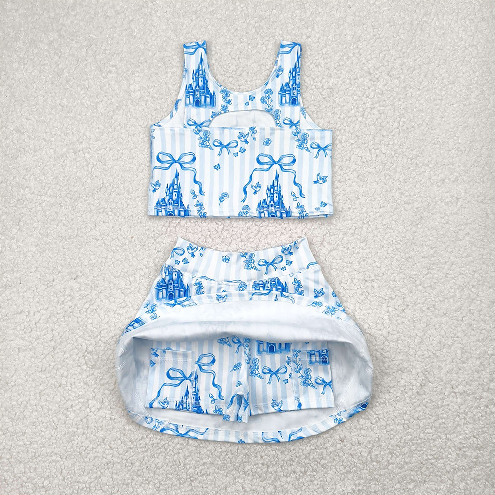 USA Shop (in stock)GSD2198 Baby Girls Yoga Outfits Sleeveless light blue bow castle top skirt girls active wear set