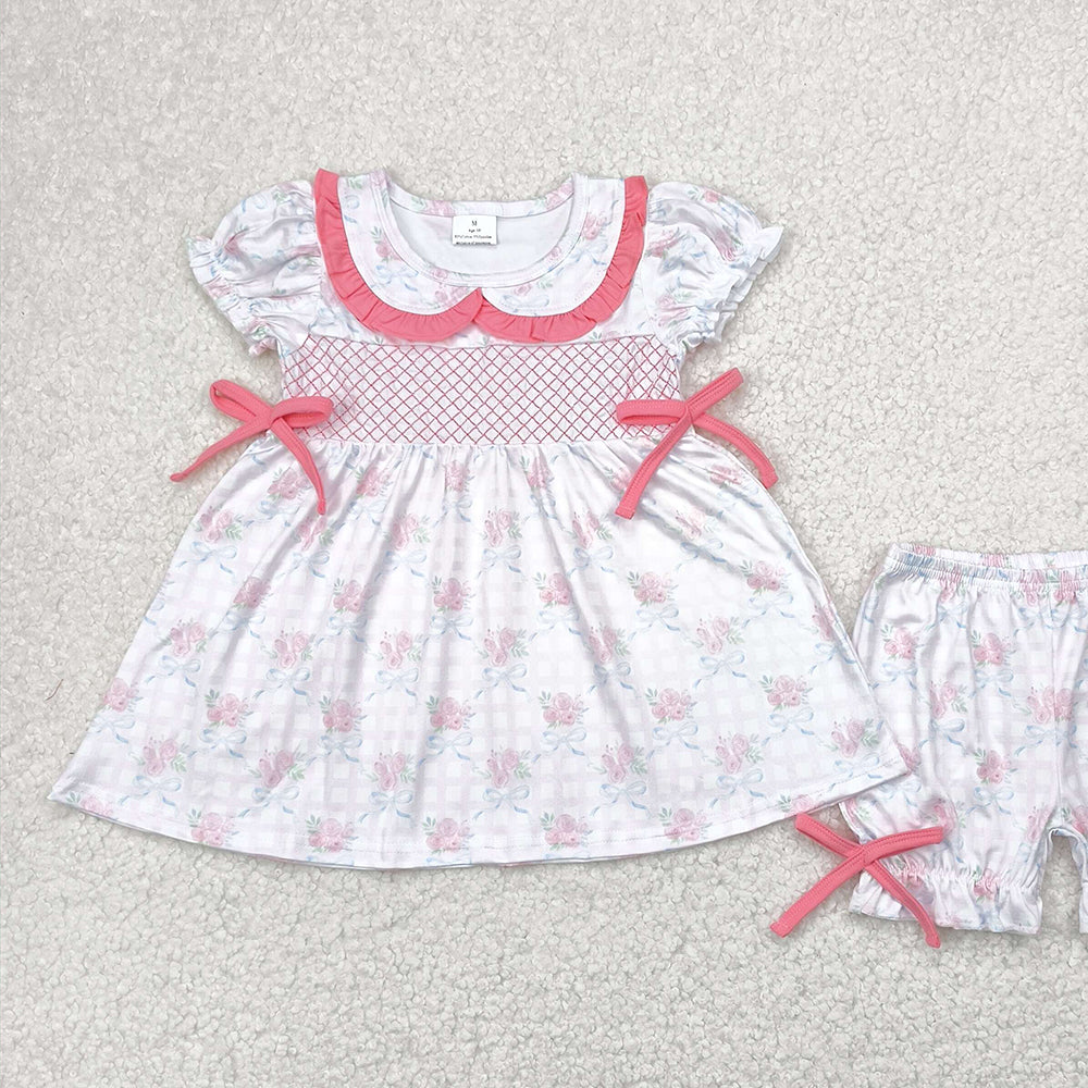 4.09 GSSO2368 RTS NO MOQ Baby Girls Summer Outfits Embroidery Short sleeves floral plaid bow tunic shorts girls clothes