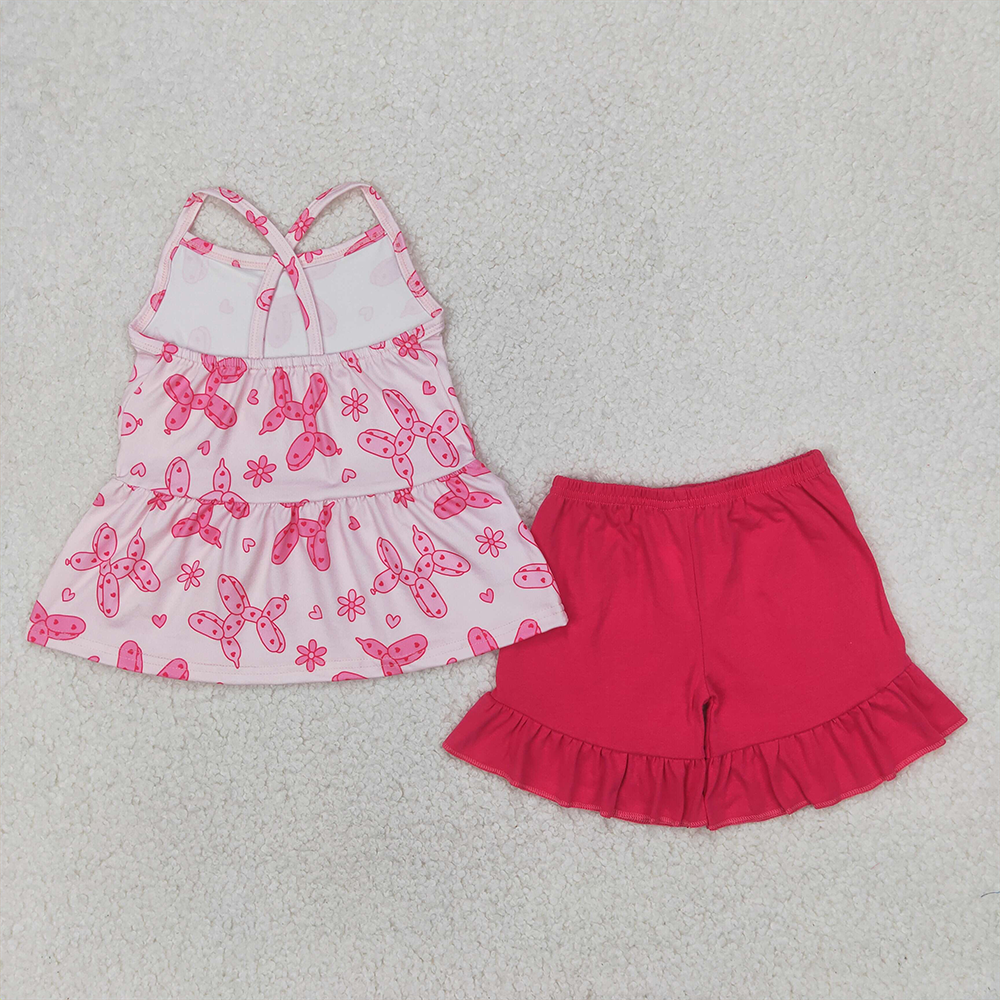 6.16 GSSO2439 RTS NO MOQ Baby Girls Summer Outfits Pink heart dog tunic ruffle shorts girls clothing set