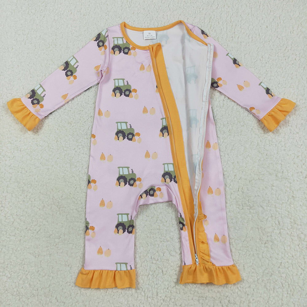 8.22 RTS NO MOQ (In stock)LR2336 Baby Girls Winter Rompers Baby Girls Pink Pumpkins Trucks Fall Ruffle Zipper Footie Rompers