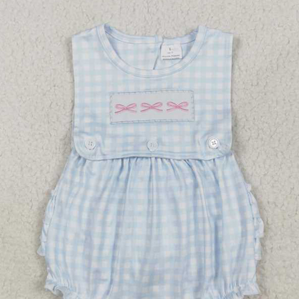 4.17 SR2203 RTS NO MOQ Sleeveless bow embroidery plaid ruffle baby girls romper