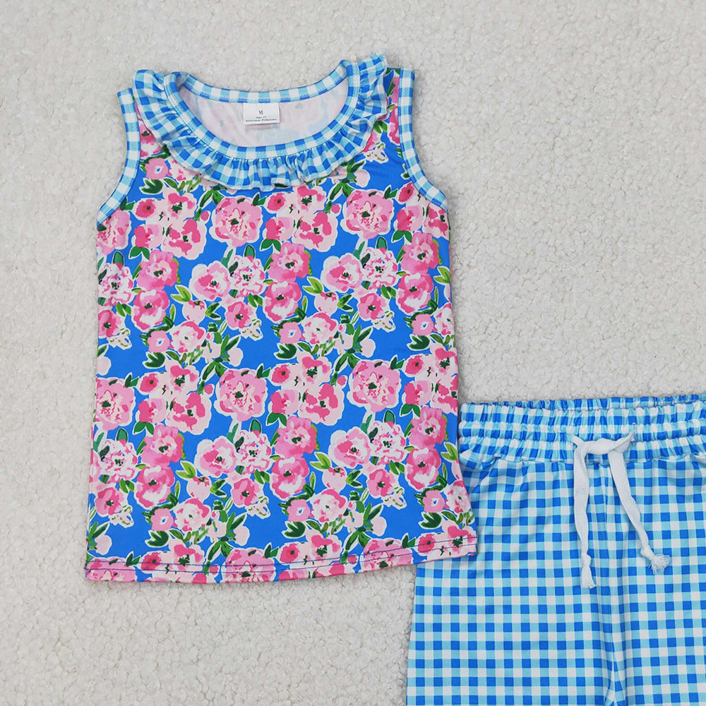 4.07 GSSO2414 RTS NO MOQ Baby Girls Summer Outfits Sleeveless floral top blue plaid shorts girls summer clothes