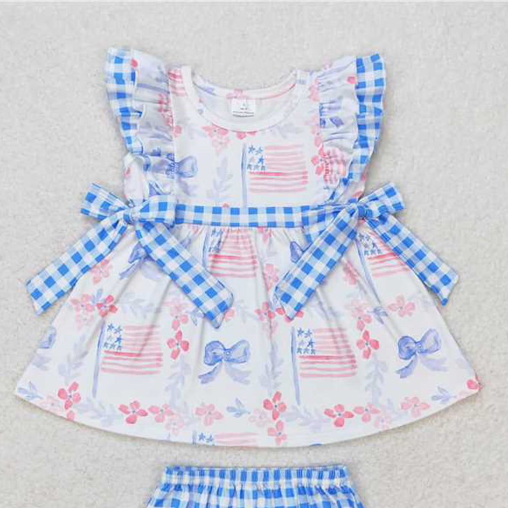 4.08 GBO0363 RTS NO MOQ Baby Girls Summer Outfits Baby Girls July 4th Flag Bow Bummie Set