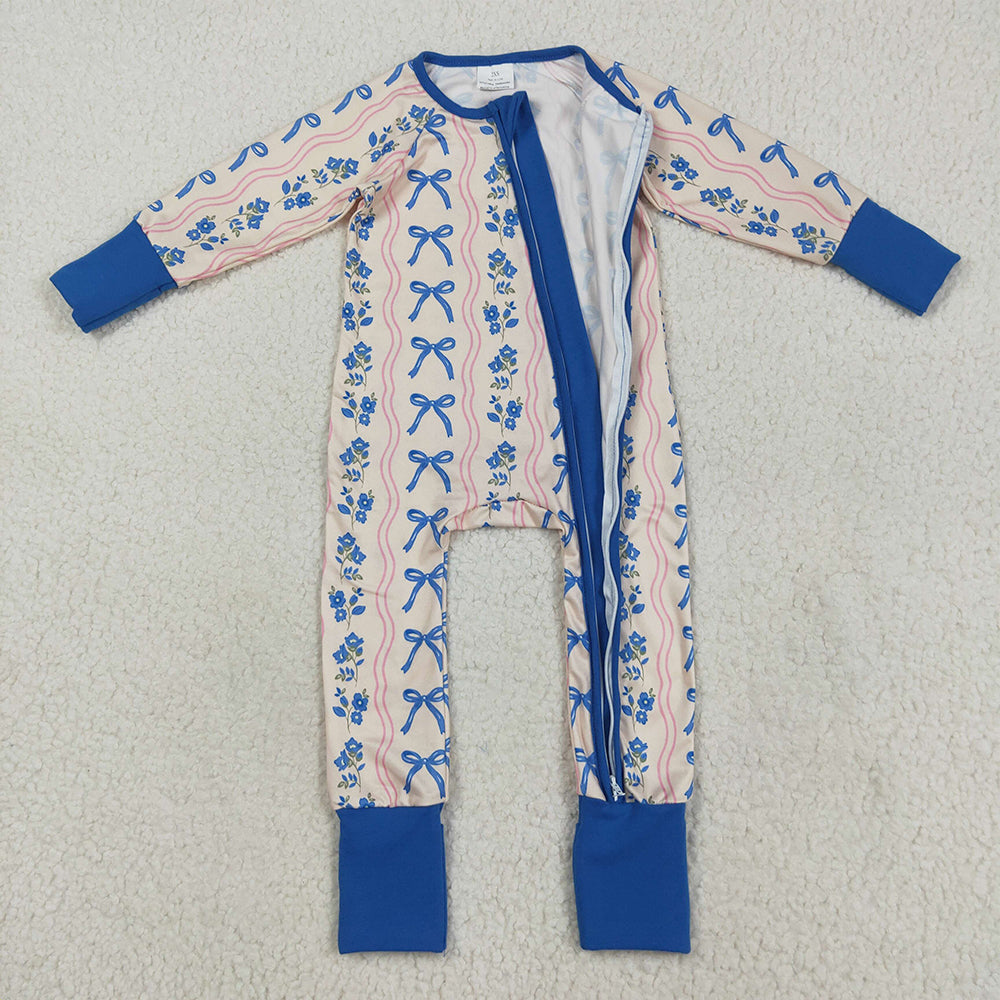 RTS NO MOQ (In stock) LR2327 Baby Girls Winter Rompers Baby Girls Long Sleeves Blue Bows Flowers Stripe Zipper Pant Rompers
