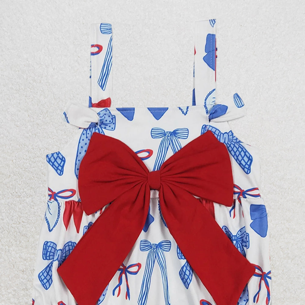 4.08 SR2606 RTS NO MOQ Baby Girls Summer Romper Baby Girls Strap Red Blue Bows 4th Of July Romper