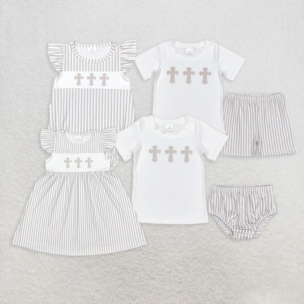 6.16 RTS NO MOQ White cross top khaki stripe bummies baby boy easter set rompers dress