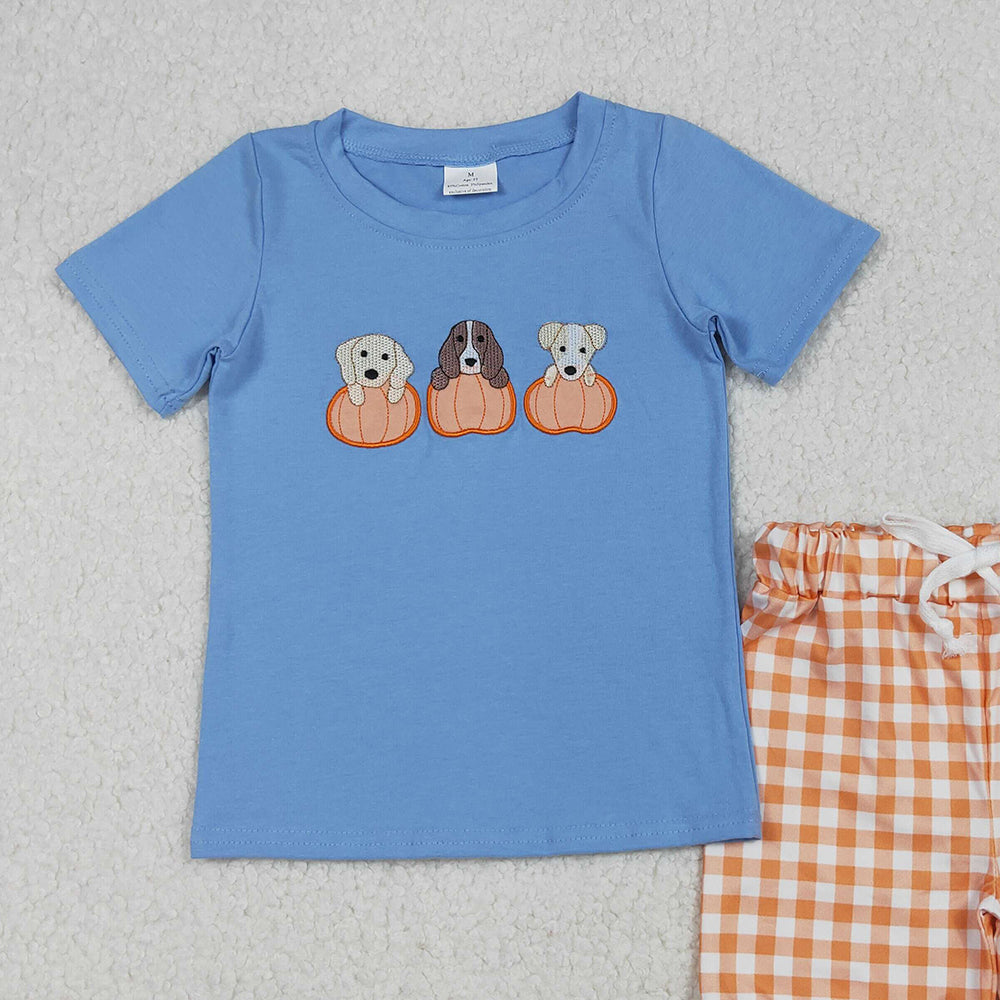 RTS NO MOQ (In stock)BSSO1547 Baby Boys Summer Boys Outfits Embroidery Dogs Pumpkins Top Shorts Fall Clothes Sets